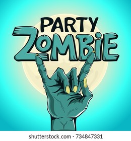 Logo zombie party. Zombie hand shows rock gesture on the background of the moon.