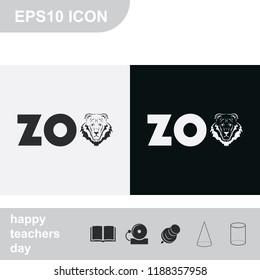 Logo for the zoo flat black and white vector icon. Lion silhouette. Zoo, font, lettering.