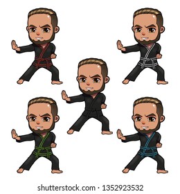 Logo/mascot of a Kung fu guy in black clothes with different color belts