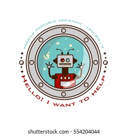 logos assistant robot in space. I want to help. Vector white background