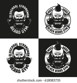 Logos of the athletic club in retro style. Bearded aggressive man with dumbbells. Vector illustration.