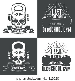 Logos for  athletic fitness club, or a retro-style gym. Skull in the form of a weight. Vintage dumbbell with inscriptions and sunburst.