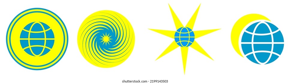 Logos In Blue And Yellow Colors Of Ukrainian Symbols, Month, Star And Planet Earth. Peaceful Ukraine.