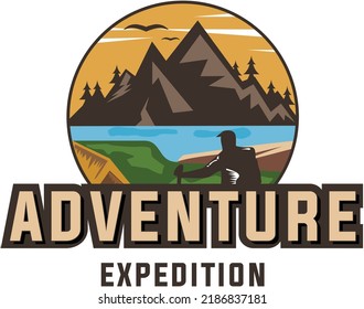 Logos für Camping Mountain Adventure, Emblems und Badges. Vektorgrafik-Design von Wäldern