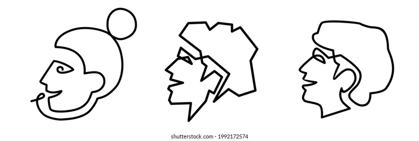 Logos consisting of people's faces in profile, drawn with lines. Emblems on a white background. Greek images in the form of symbols. Icons for designation of a man and a woman. Pointers to the toilet.