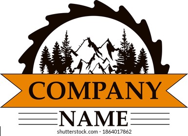 logos created using graphic elements from saws and trees, and mountains are intended for the timber company logo