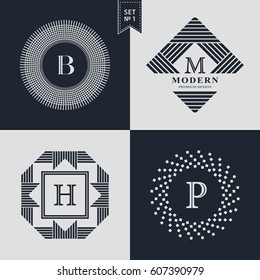 Logos Design Templates Set. Logotypes elements collection, Icons Symbols, Retro Labels, Badges, Silhouettes. Abstract logo, Letter B, M, H, P emblems. Premium Collection. Vector illustration