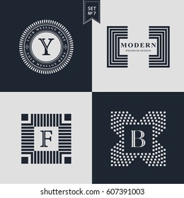 Logos Design Templates Set. Logotypes elements collection, Icons Symbols, Retro Labels, Badges, Silhouettes. Abstract logo, Letter Y, F, B emblems. Premium Collection. Vector illustration