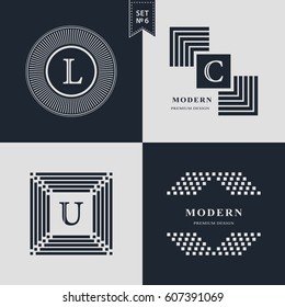 Logos Design Templates Set. Logotypes elements collection, Icons Symbols, Retro Labels, Badges, Silhouettes. Abstract logo, Letter L, C, U emblems. Premium Collection. Vector illustration