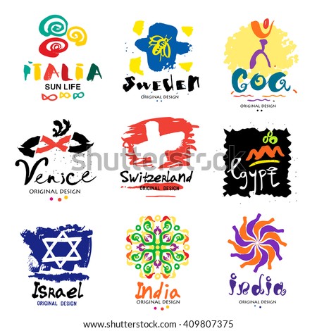 Logos in different countries. A trip around the world. Eastern and Western countries signs and symbols. Design elements of the States and regions of the world