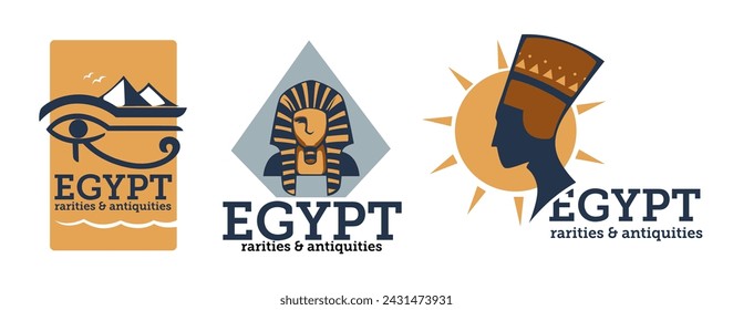 Logos with Egypt rarities and antiquities. History and education, discoveries and adventures. Isolated label or stickers with pyramids, sphinx and silhouette of Queen Nefertiti. Vector in flat style