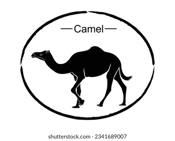 Logotipos, emblemas, insignias. Icono gráfico del camello. Cartel negro del camello aislado sobre fondo blanco. Símbolo camello del desierto. Ilustración del vector