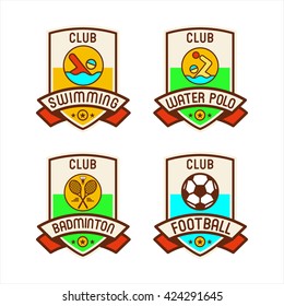 Logos, emblems, emblems of sports clubs. Swimming, water Polo, badminton, soccer.