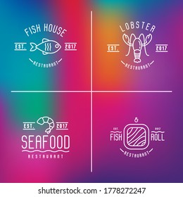 Logos for fish or sushi restaurant with such elements as lobster, fish, sushi and shrimp. Thin line vector illustration.