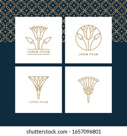 Logotipos en forma de flor de loto egipcia. Ilustraciones vectoriales de estilo lineal basadas en símbolos egipcios.