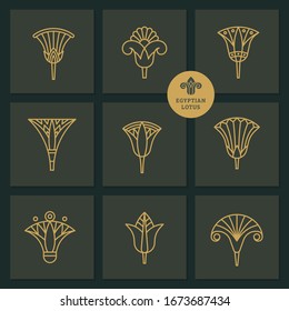 Logos in the form of an Egyptian lotus flower. Vector illustrations in linear style based on Egyptian symbols.