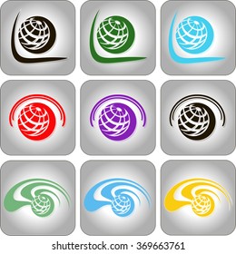 logos in the form of planet earth, of different colors in the gray squares
