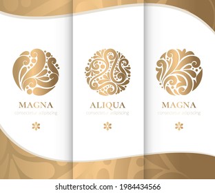 Logos with golden ornament. Vector set. Can be used for jewelry, beauty and fashion industry. Great for emblem, monogram, invitation, flyer, menu, brochure, background, or any desired idea.