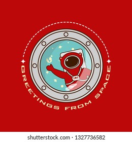 logos greeting from space, astronaut in outer space. Vector red background