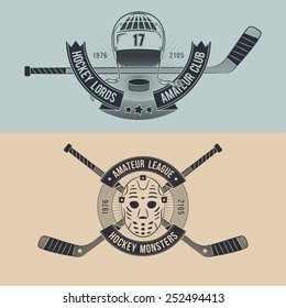 Logos for hockey team or league with mask, helmet, sticks. Tattoo style.