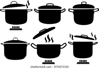 Logos of hot pots on fire in a set.