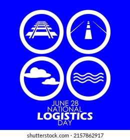 Logos Icon Symbols In Circles Such As Rail Road, Roads, Clouds And Waters With Bold Texts Isolated On Blue Background, National Logistics Day June 28