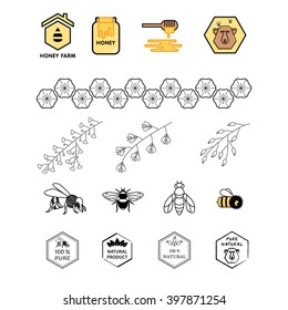 Logos, icons and elements of labels for honey products.