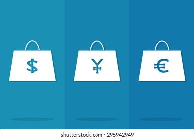 Logos and icons Shopping bag about buying and spending money according to each country.