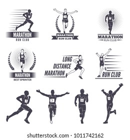 Logos or labels for runners. Marathon graphics label, run athlete competition, vector illustration