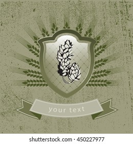 logos, logo retro, logo of hops and malt, logo, grunge, hops on the shield, logo ribbon, logotype for beer company