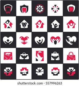 Logos mega set, travel logos, home vectors, dental icons, travel and tourism logos, love and care illustration, happy and victory logo.