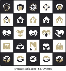 Logos mega set, travel logos, home vectors, dental icons, travel and tourism logos, love and care illustration, happy and victory logo.