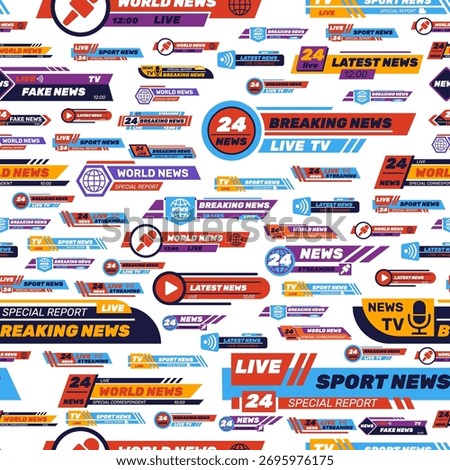 Logos and news ticker templates seamless pattern. Scoreboard badge. Live streaming video channel bars. Versus headline. Repeated print. Tournament display score. Mass media label. Vector background