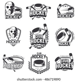 The logos on the theme of sport. Posters, stickers, emblems, logos for hockey. Different frames, objects sports design. Vector set of hockey emblems.