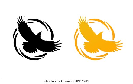 Logos in Orange and Black colors with Silhouette of Crow. Flying of Raven in Round Decorative Ring. Set of Vector Emblems isolated on White background.