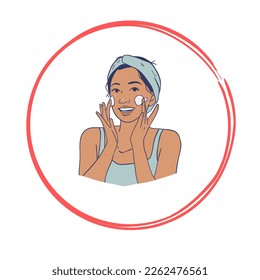 Logos and pictures with a girl. Carton style.  Relaxation area. Facials. Skincare and beauty. Young girl. The basics of skincare.