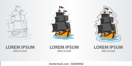 Logos pirate ship, contour logo, stroke logo