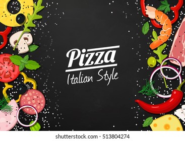 Pizza de los logotipos, comida rápida, vectorial , etiquetas para productos alimenticios, café, restaurante. Fondo vegetal. Fondo con ingredientes frescos. Ilustración vectorial. Menú pizza.