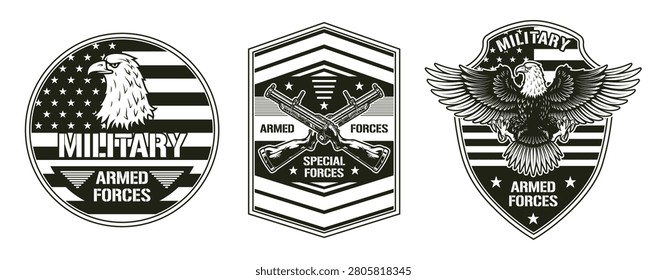 Logos representing military units and divisions are organized in a row. Each logo features emblems relating to the armed forces with symbols like eagles and guns. The designs showcase patriotism.