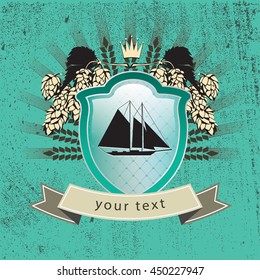logos retro logo, sea logo, ship and plants, logo, grunge, vector the ship on the shield, the logo with tape, shipping logotype