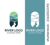 Logos of rivers, creeks, riverbanks and streams. River logo with combination of mountains and farmland with vector concept design.