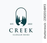 Logos of rivers, creeks, riverbanks and streams. River logo with combination of mountains and farmland with vector concept design.