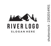 Logos of rivers, creeks, riverbanks and streams. River logo with combination of mountains and farmland with vector concept design.