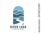 Logos of rivers, creeks, riverbanks and streams. River logo with combination of mountains