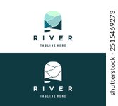 Logos of rivers, creeks, riverbanks and streams. River logo with combination of mountain