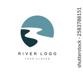 Logos of rivers, creeks, riverbanks and streams. River logo with combination of mountains, farmland, sunrise with vector concept design.
