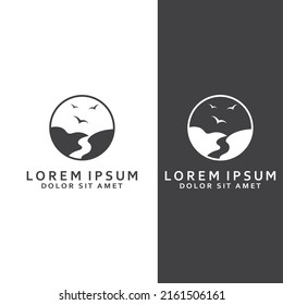 Logos of rivers, creeks, riverbanks and streams. River logo with combination of mountains and farmland with vector concept design.
