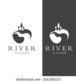 Logos of rivers, creeks, riverbanks and streams. River logo with combination of mountains and farmland with vector concept design.