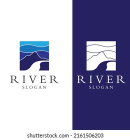 Logos of rivers, creeks, riverbanks and streams. River logo with combination of mountains and farmland with vector concept design.