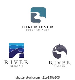 Logos of rivers, creeks, riverbanks and streams. River logo with combination of mountains and farmland with vector concept design.